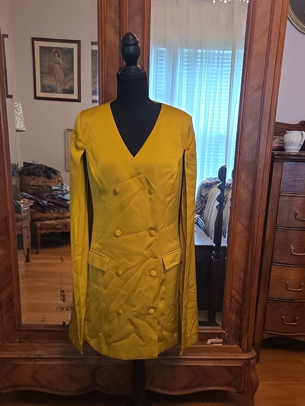 Skies Are Blue Double-Breasted Mini Cape Dress in Chartreuse
